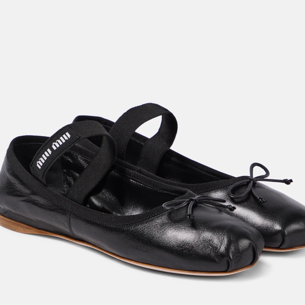 Miu Miu Logo Strap Black Leather Ballet Flats Shoes Black Size 36.5 - Picture 1 of 8